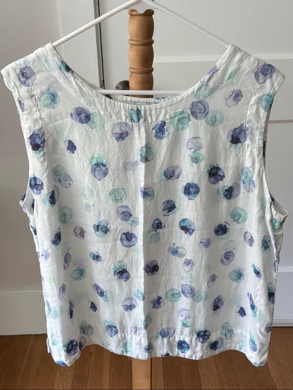 cut loose White Linen Sleeveless Blouse with Blue & Teal Watercolor Dots